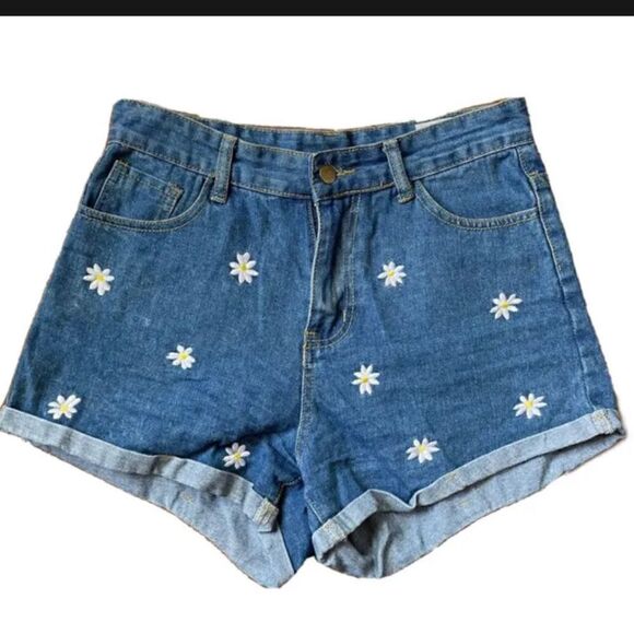 SHEIN High Rise Embroidered Floral 70s Boho Denim Jean Shorts Size 28 - Picture 1 of 6